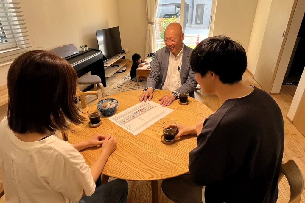 リビングで3人が丸テーブルを囲み、資料を確認しながら家づくりや資金計画の相談を行う様子。