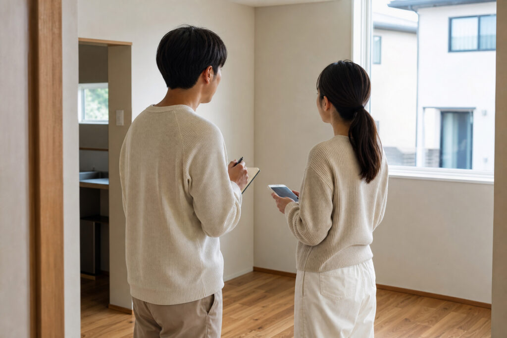 新築の室内でノートとスマートフォンを持ち間取りや設備を確認する夫婦の写真。