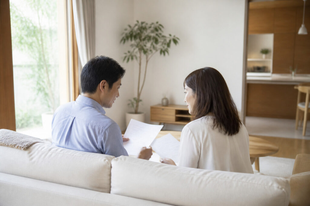 明るいリビングのソファに夫婦が並んで座り、手元の資料を見比べながら家づくりや資金計画について話し合っている様子の写真。