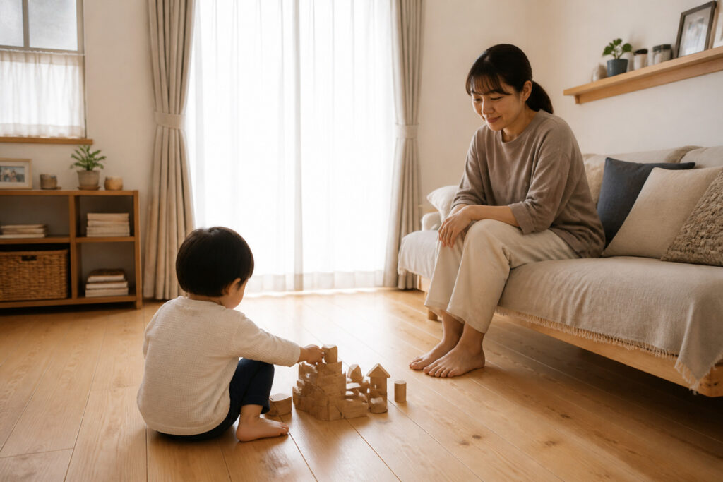 木の温もりが感じられる明るいリビングで積み木遊びをする幼い子どもを、ソファから温かい眼差しで見守る母親の様子を捉えた写真素材。