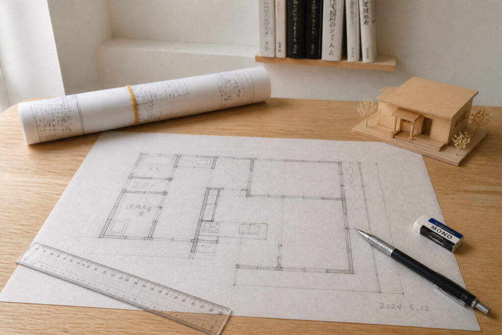 デスクの上に広げられた手書きの間取り図面と住宅模型や文房具を捉えた写真で、建築工房いろはが施主の理想を形にする注文住宅の自由設計プランニング風景。