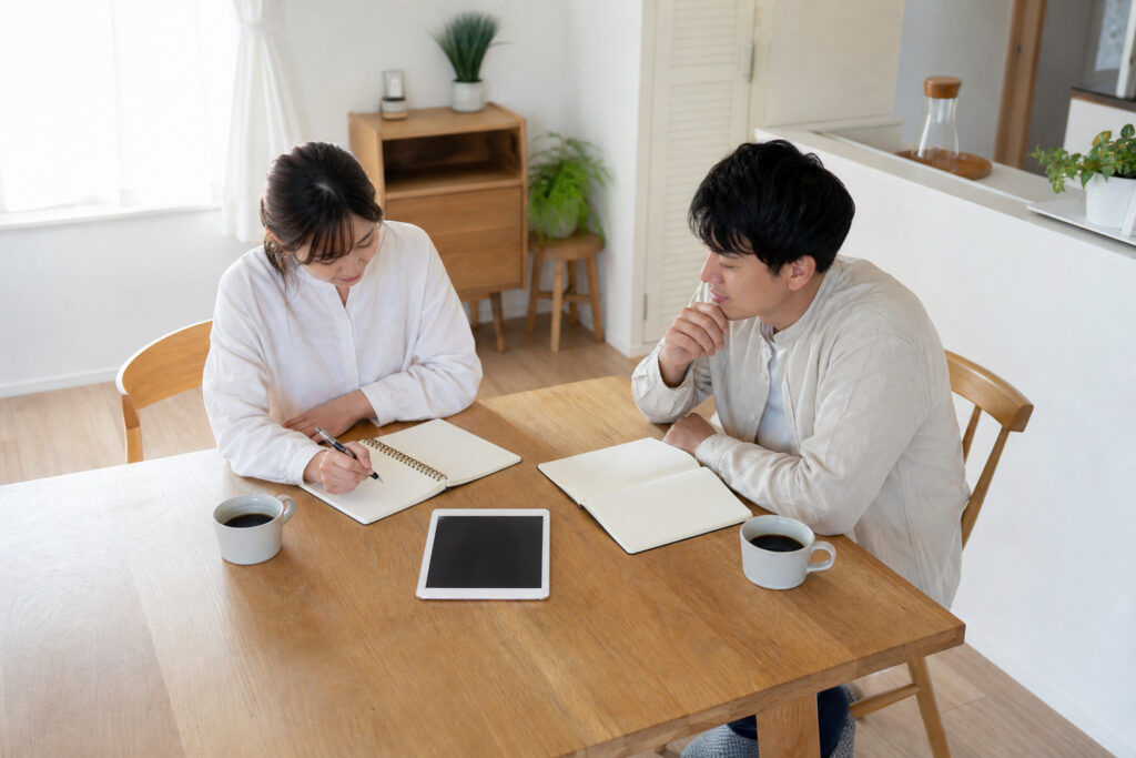 明るいダイニングテーブルでノートやタブレットを囲み、家族の暮らしや家づくりについてじっくり話し合う夫婦の様子。