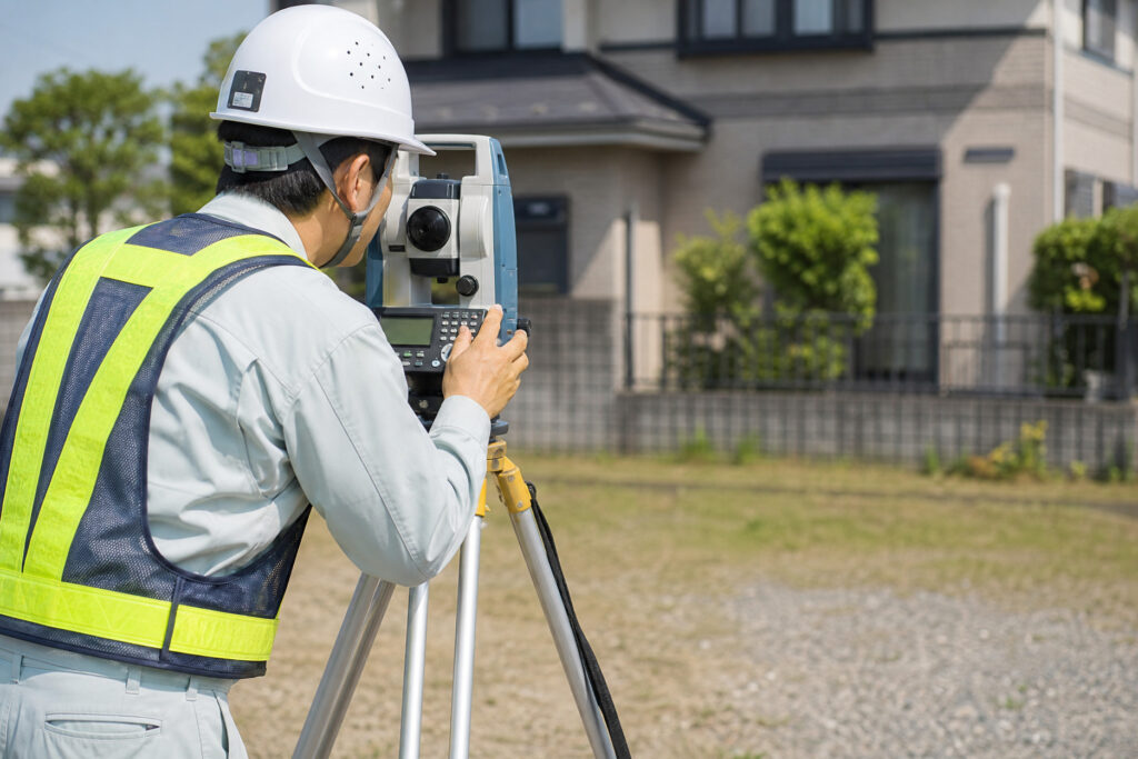 ヘルメットと作業着を着用した技術者が住宅街の敷地で測量機器を使用し、土地探しや家づくりに向けた境界・敷地調査を行っている写真。