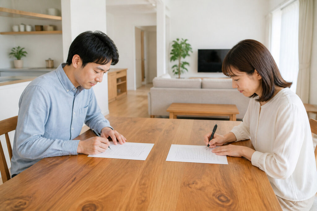 明るいリビングで男女がテーブルに向かい合い、それぞれ書類にペンで記入を行っている、家づくりの契約や打ち合わせの様子の写真。