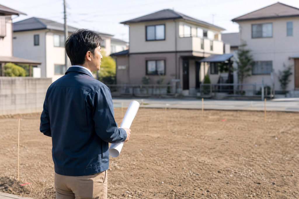 建築工房いろはの家づくり工程の一場面として、図面を持つ人物が住宅建築予定地を確認している様子を写した写真で、注文住宅の計画や現地調査の状況を客観的に示している。