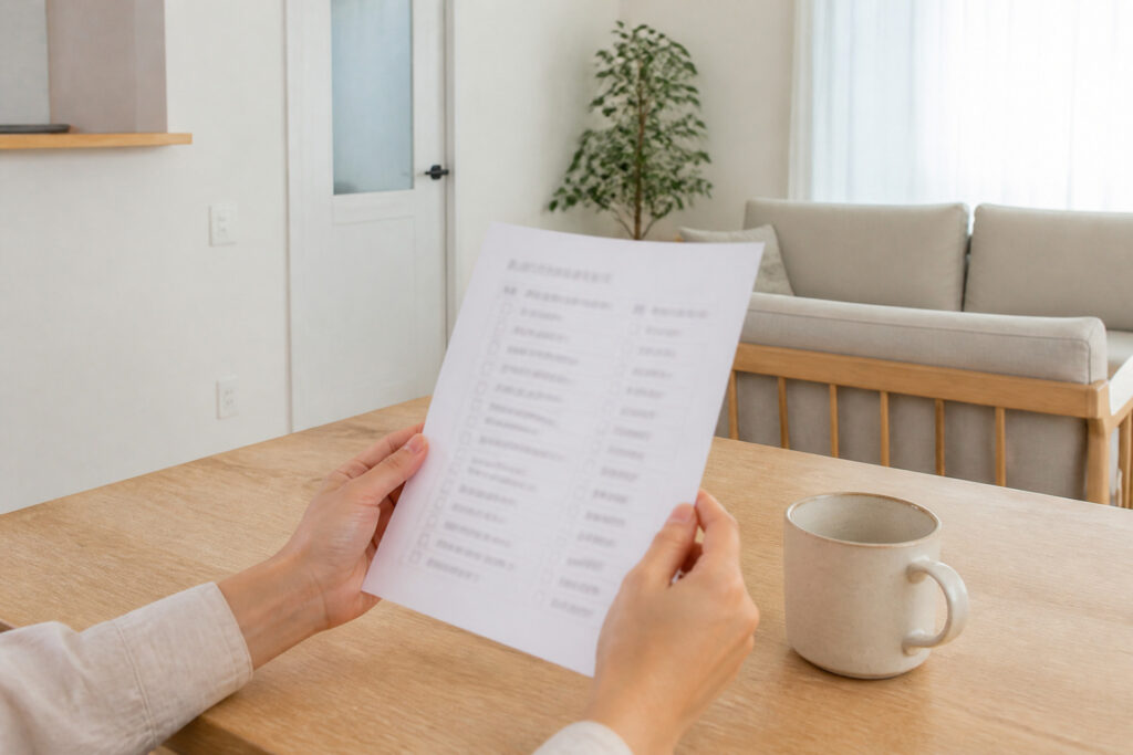 明るいリビングのテーブルで住宅購入に向けたチェックリストを真剣に確認する女性の手元を捉えた写真で、建築工房いろはによる家づくりの相談や資金計画の流れ。