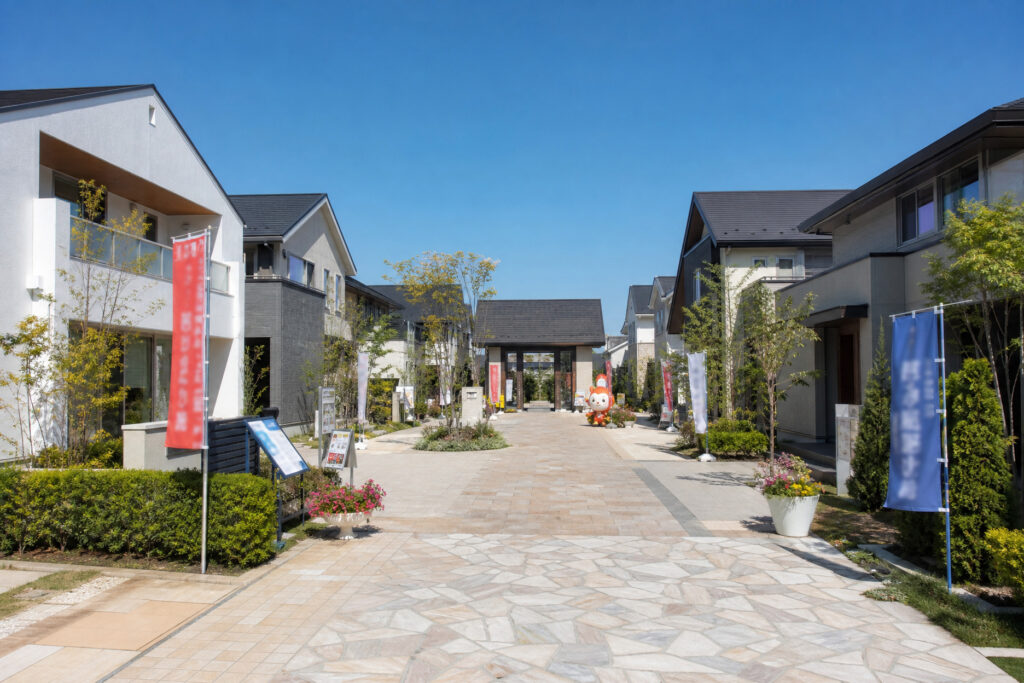 住宅展示場の街並みとモデルハウスの外観が並ぶ風景の写真。