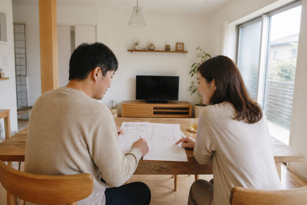 明るいリビングで夫婦が木のダイニングテーブルに広げた住宅の間取り図を見ながら、注文住宅の家づくりや間取りの検討を行っている様子の写真。