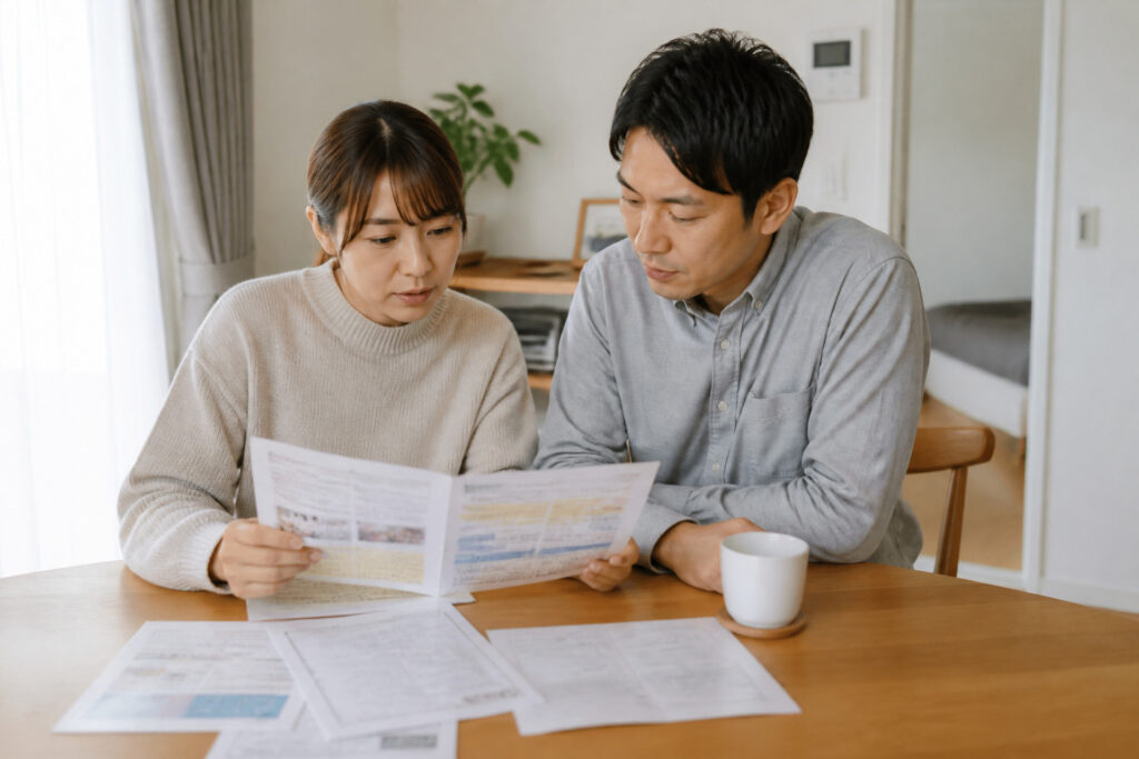 明るいリビングのテーブルで住宅関連のパンフレットや資料を広げ、家づくりや資金計画について夫婦で真剣に話し合っている様子を捉えた写真素材。