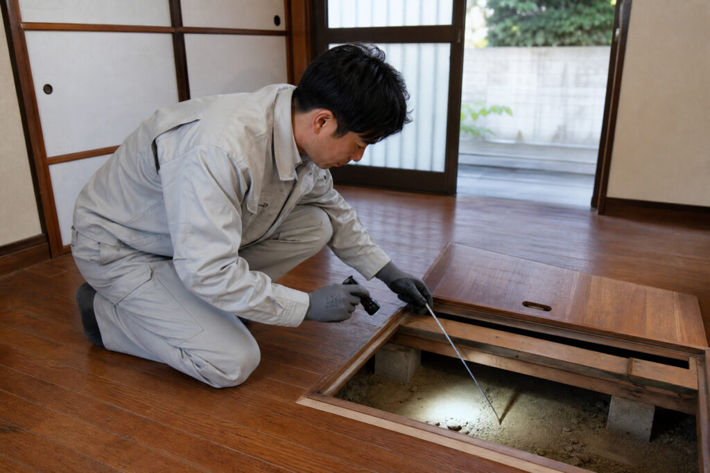 作業員が和室の床下に設置された点検口からライトを照らして基礎や構造の状態を調査・点検している作業風景の写真。