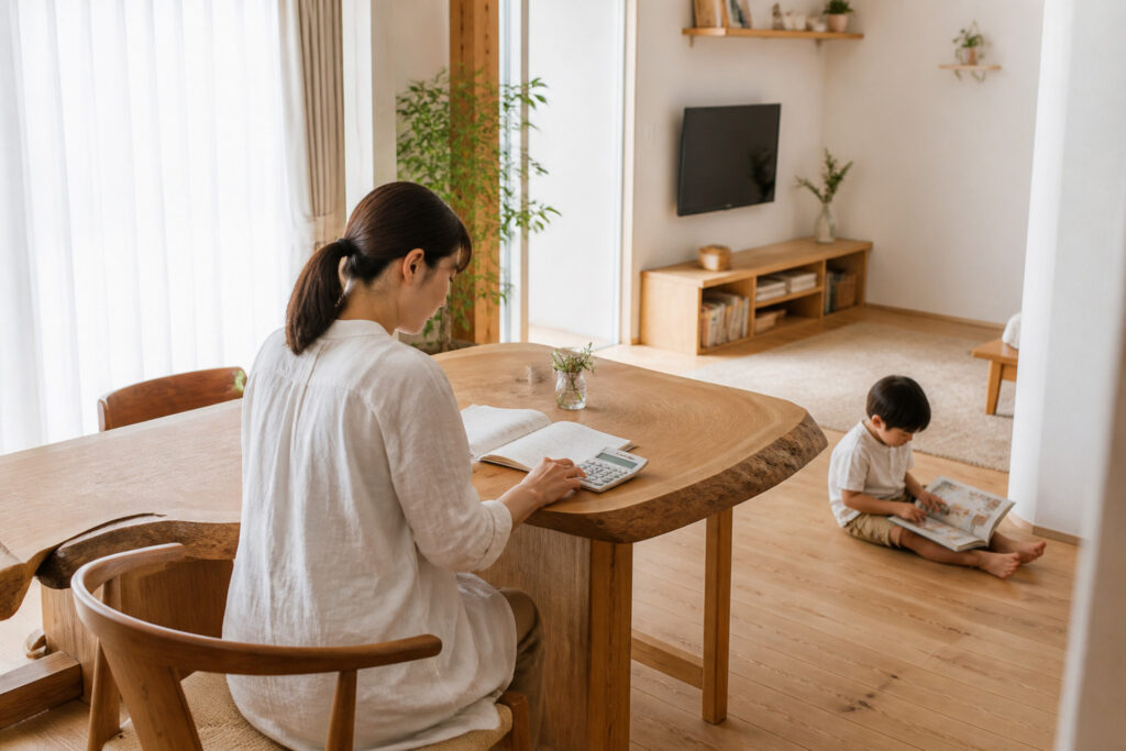 木目のダイニングテーブルで女性が電卓をたたきながら家計簿や資金計画を計算し、近くの床で子どもが本を読んでいる注文住宅の暮らしの様子。