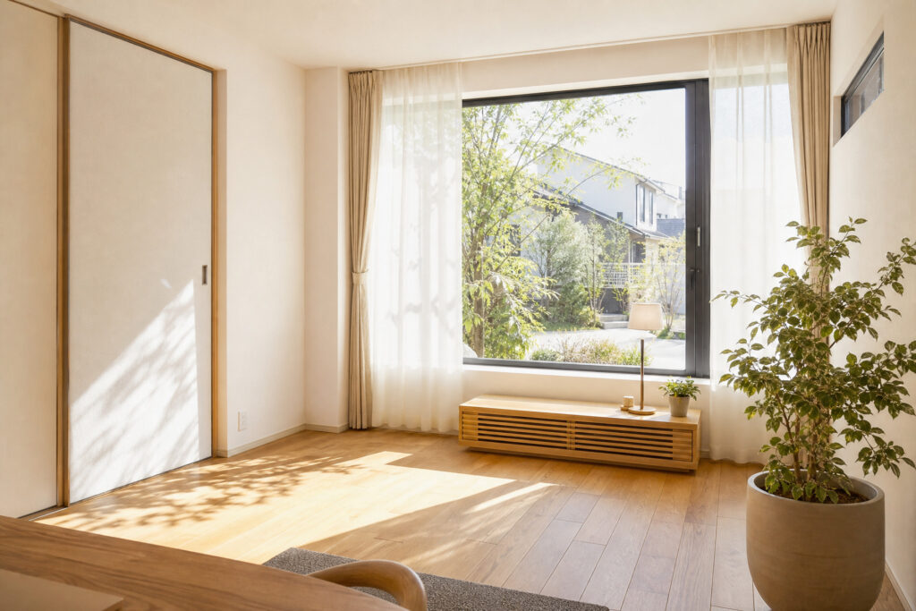 建築工房いろはが提案する注文住宅の暮らしイメージとして、木の質感を生かした明るいリビング空間と窓からの景色を写した写真で、自然素材の住まいを客観的に示している。