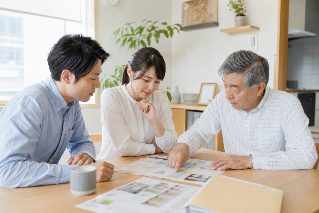 明るいリビングのテーブルで家族が資料を広げながら親族間の土地利用や家づくり、資金計画について真剣に相談・話し合いをしている写真。