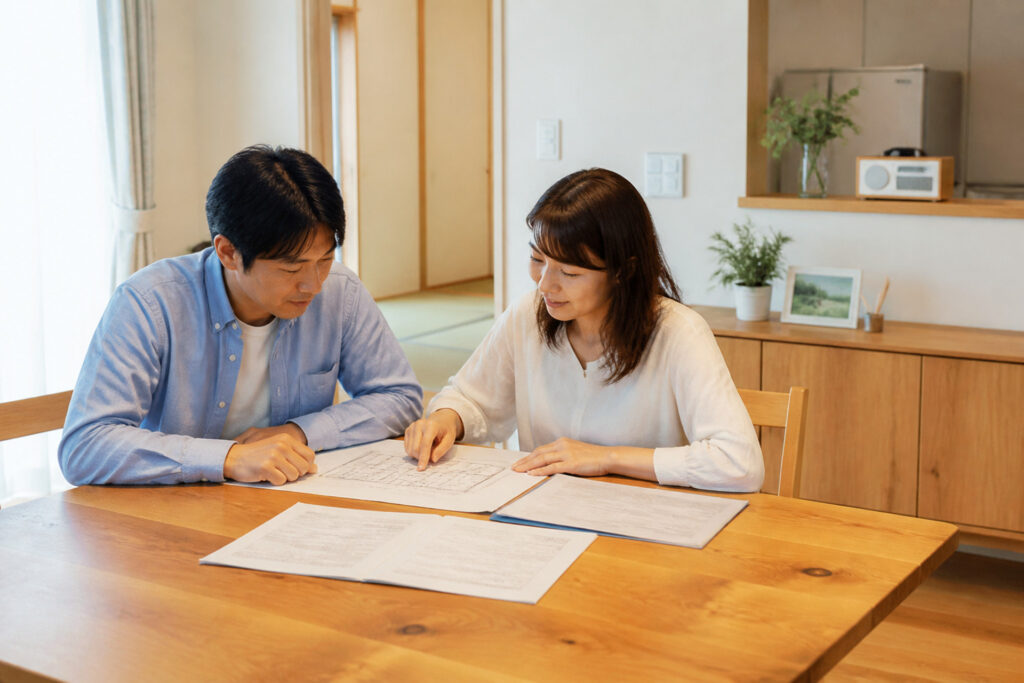 ダイニングテーブルに広げた図面を夫婦で指さしながら、注文住宅の間取りや家づくりについて話し合っている打ち合わせの様子の写真。