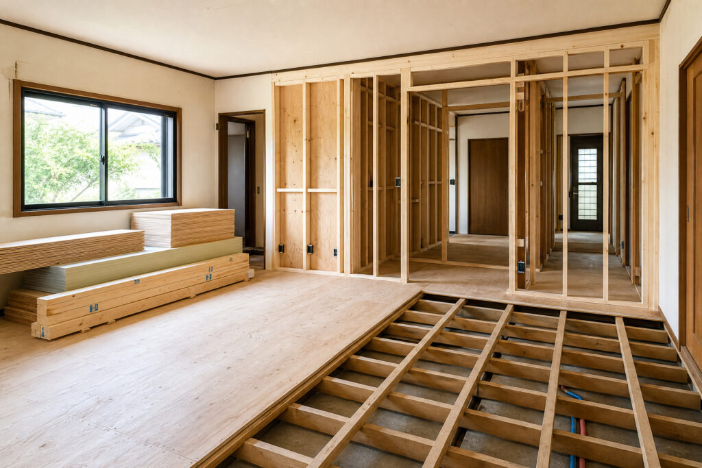 リノベーション工事が行われている住宅の室内において木造の骨組みや床下の梁構造が露出している施工現場の写真。