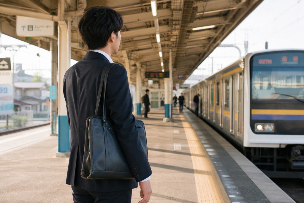 建築工房いろはのスタッフや利用者が移動に使うこともある通勤時間帯の駅ホームで、電車を待つ人々の様子を写した写真で、地域の暮らしや交通環境を客観的に示している。