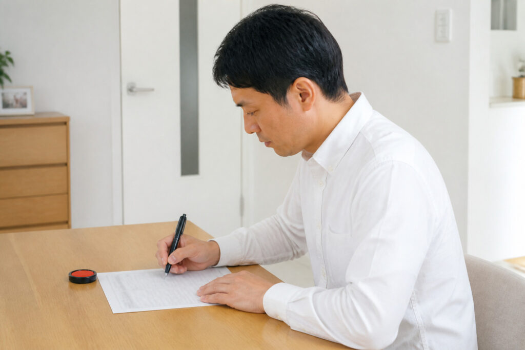 明るい室内のテーブルで朱肉と印鑑を傍らに置き、注文住宅の契約書や各種申請書類に真剣な表情で署名・捺印を行う男性の姿を捉えた写真素材。