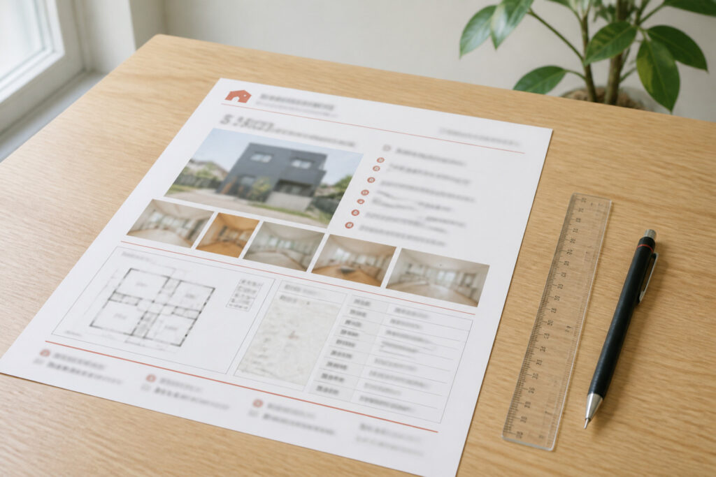 木目調のテーブルに広げられた注文住宅の販売図面と定規やシャープペンシルを捉えた写真で、建築工房いろはが手掛ける間取りプランや設備仕様の打ち合わせ資料。