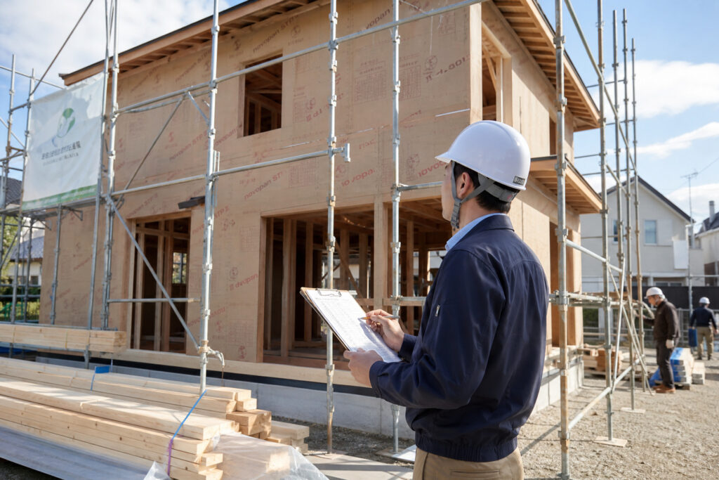 建築工房いろはが手掛ける木造注文住宅の建築現場で、柱や梁の骨組みを職人が安全装備を着用して点検している様子を写した写真で、家づくりの施工工程を客観的に示している。