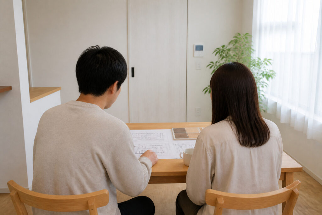 明るい室内で図面や仕上げ材のサンプルを前に並べ、理想のマイホームについて話し合う夫婦の後ろ姿を捉えた写真で、建築工房いろはでの注文住宅の打ち合わせ風景。