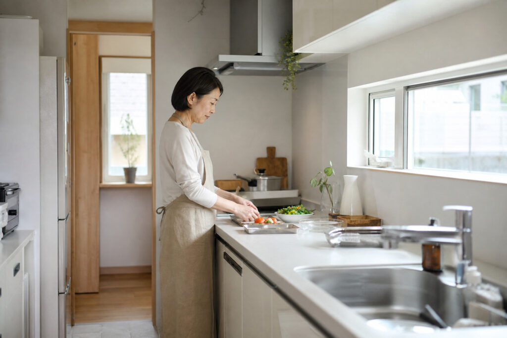 窓から光が差し込む清潔感のあるシステムキッチンでエプロンを着用した女性が食材を調理している家づくりのイメージ写真。
