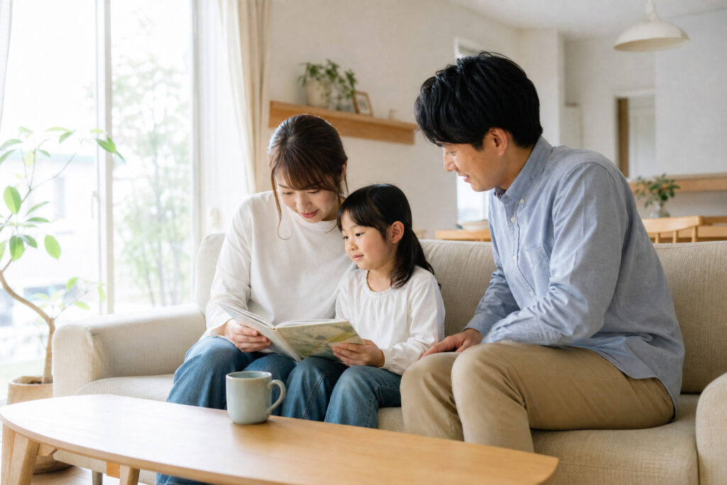 日当たりの良いリビングのソファで子供と一緒に絵本を読みながら、家族団らんのひとときを過ごす親子3人の様子。