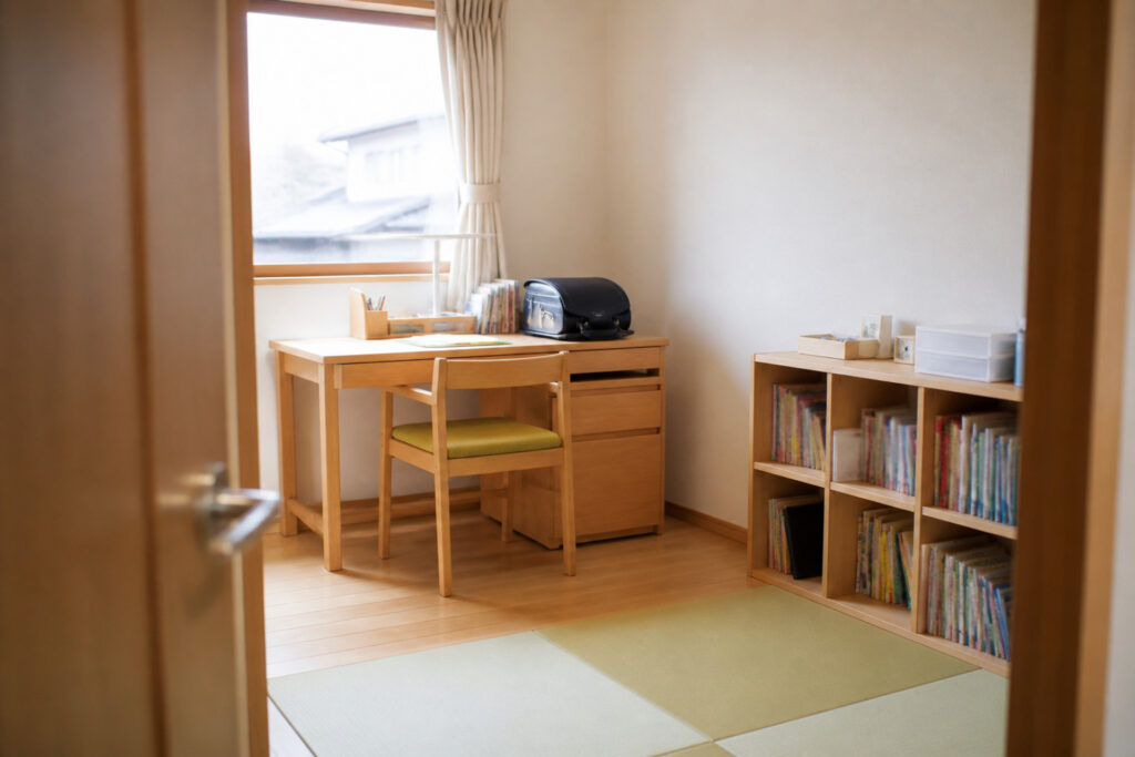 畳が敷かれた子ども部屋に木製の勉強机と本棚が置かれ、机の上にはランドセルが用意されている注文住宅の室内写真。